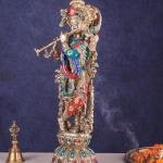 Handcrafted Brass Lord Krishna Statue with Stonework - 25" Height